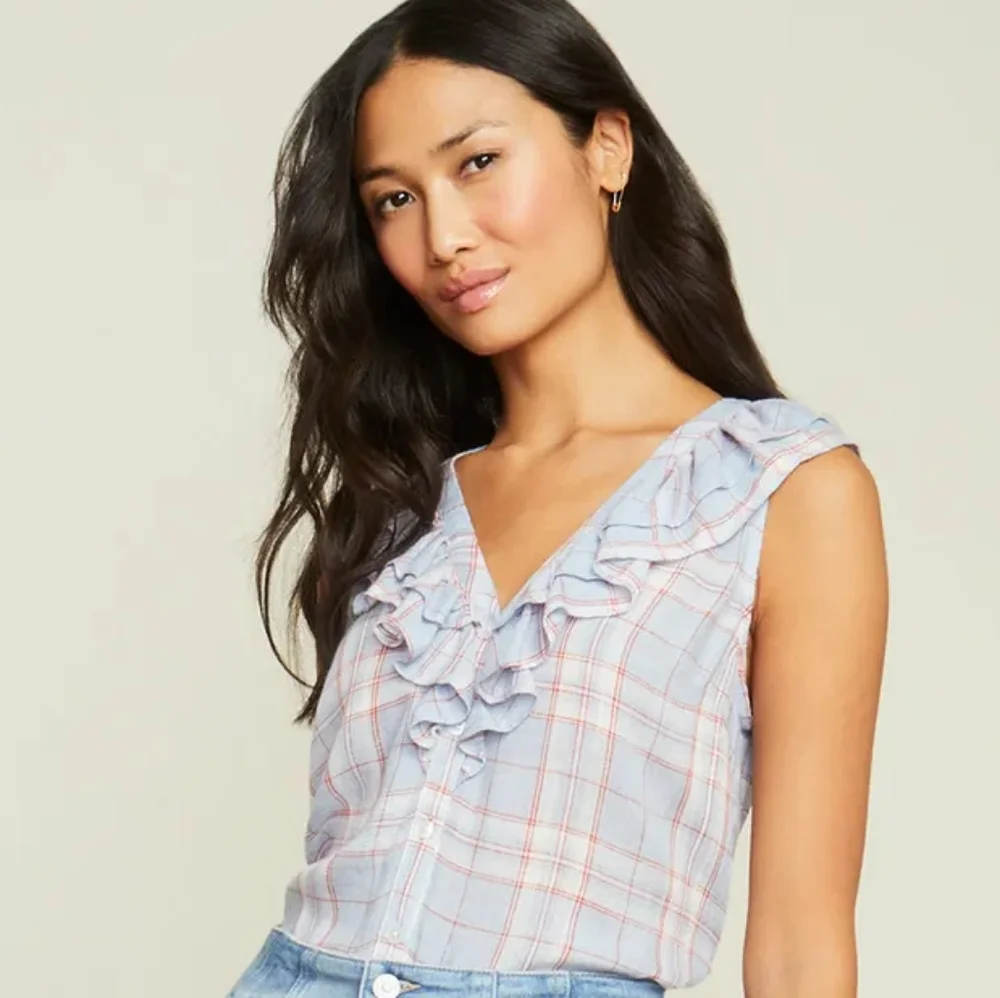 Veronica Beard NWT Size XS Leina Shirt in Vapor Multi, Sleeveless Ruffles Linen - Picture 5 of 14